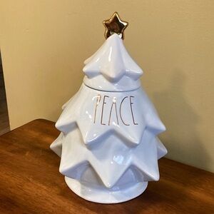 Rae Dunn Sculpted PEACE CHRISTMAS TREE CERAMIC COOKIE JAR LT BLUE & GOLD